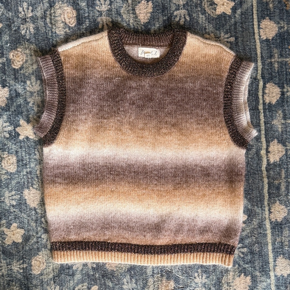Marled Metallic-Trim Knit Sweater Vest  in Brown and Cream | Women’s S